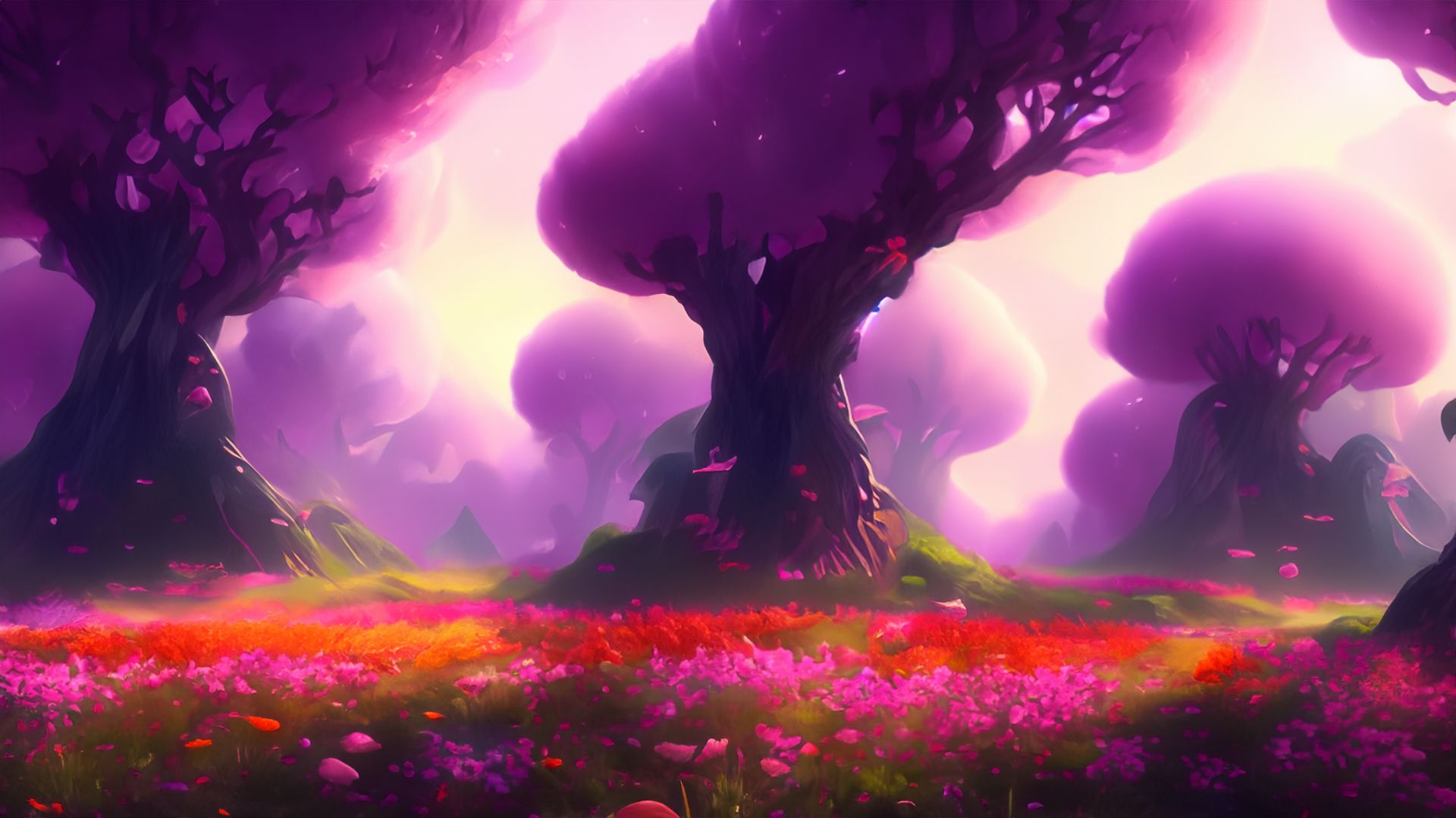 Fantasy forest with animated cherry trees